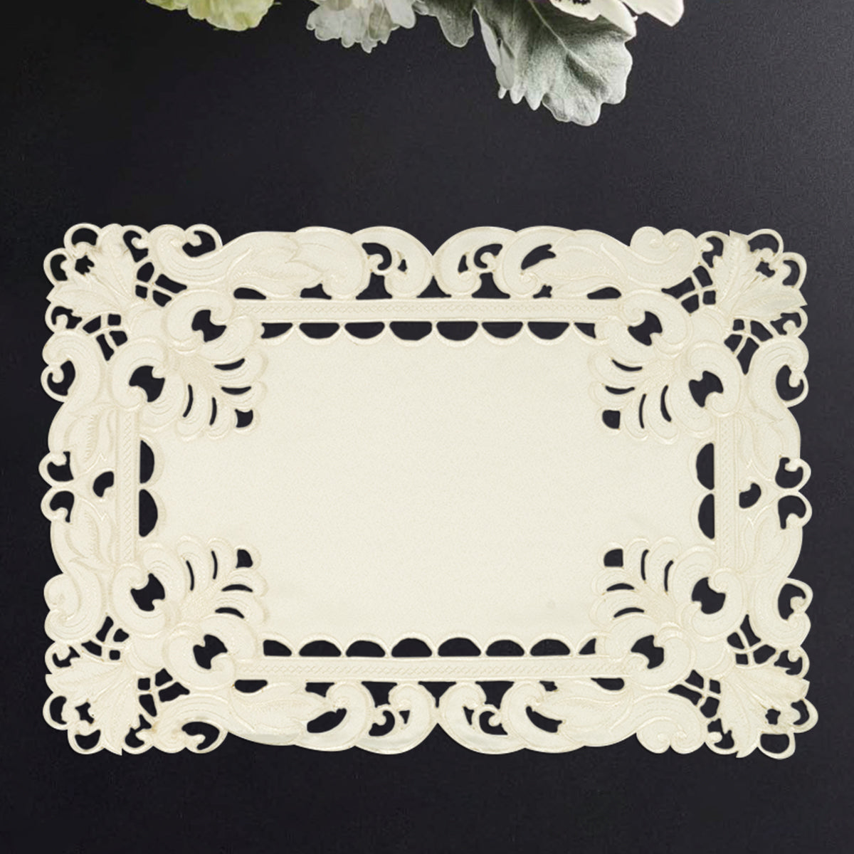 Set of six linen placemats with elegant European embroidery from The Damarcus Collection, perfect for stylish dining tables.