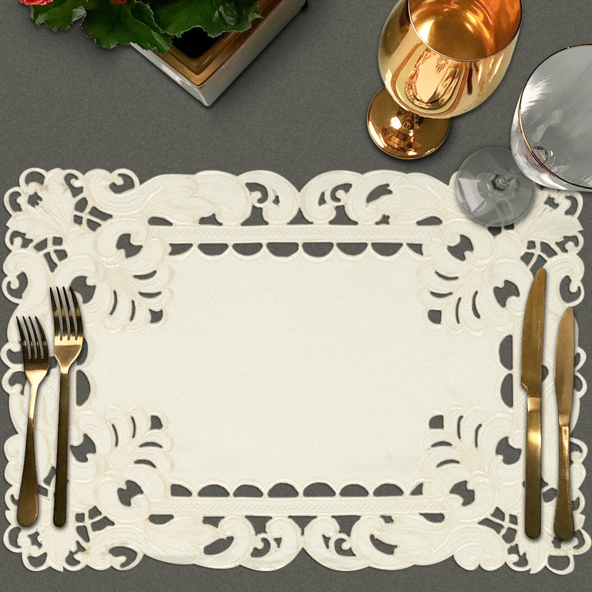 Set of six linen placemats with European embroidery from The Damarcus Collection, stylish table accessories for elegant dining.