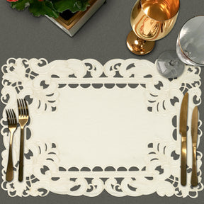 Set of six linen placemats with European embroidery from The Damarcus Collection, stylish table accessories for elegant dining.
