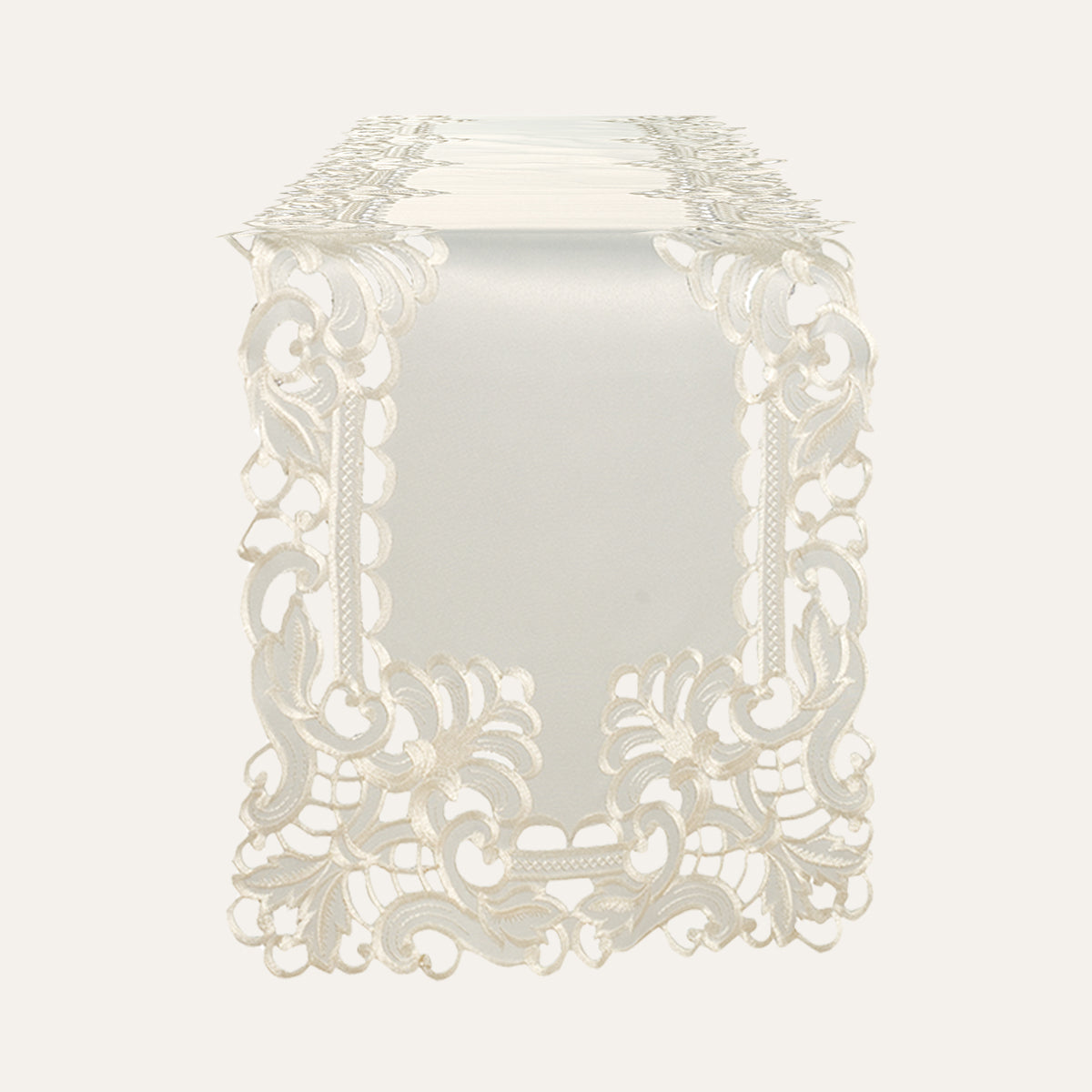 Light beige linen table runner with elegant European embroidery, designed by F308-RN for a sophisticated dining setting.