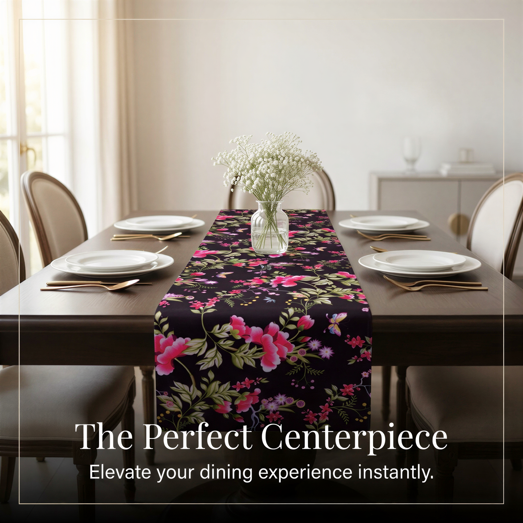 a dining room with a floral table runner, white plates, and silverware on a dark wooden table.