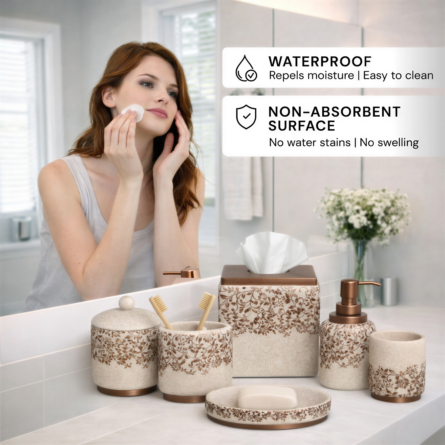 Elegant beige bathroom décor accessories set with six modern pieces from the Stella Collection by AH8312B.