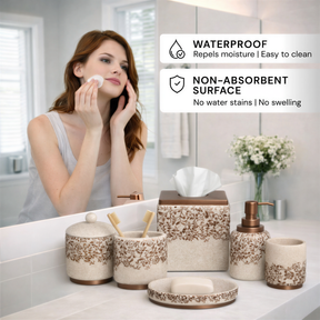 Elegant beige bathroom décor accessories set with six modern pieces from the Stella Collection by AH8312B.