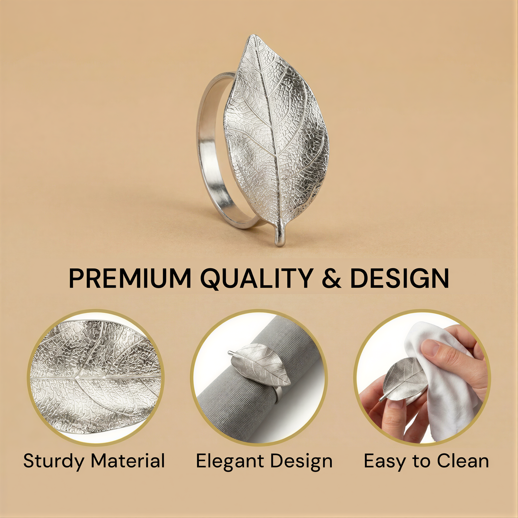 a silver leaf ring with a description of its premium quality and design, including sturdiness, elegance, and ease of cleaning.