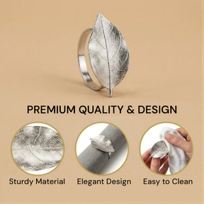 a silver leaf ring with a description of its premium quality and design, including sturdiness, elegance, and ease of cleaning.
