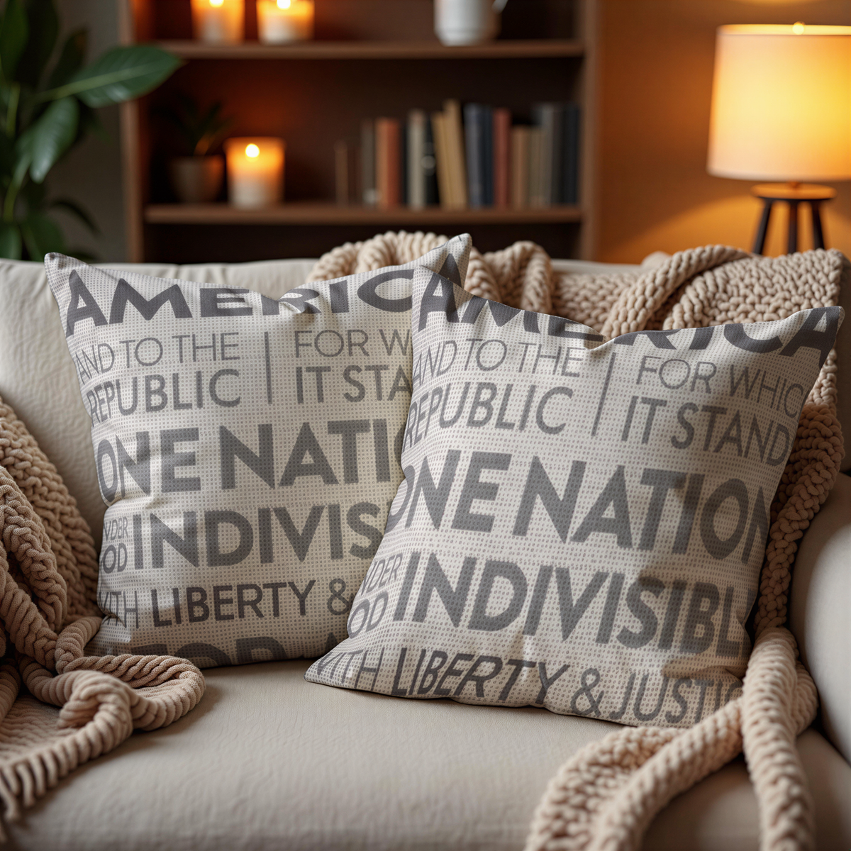 a cozy living room setting with two decorative pillows on a couch. The pillows are covered in text that reads "AMERICA FOR WHOLESALE IT STANDARD ONE NATION ONE VISIBLE LIBERTY & JUSTICE". The pillows are placed on a beige couch, and there is a bookshelf in the background.