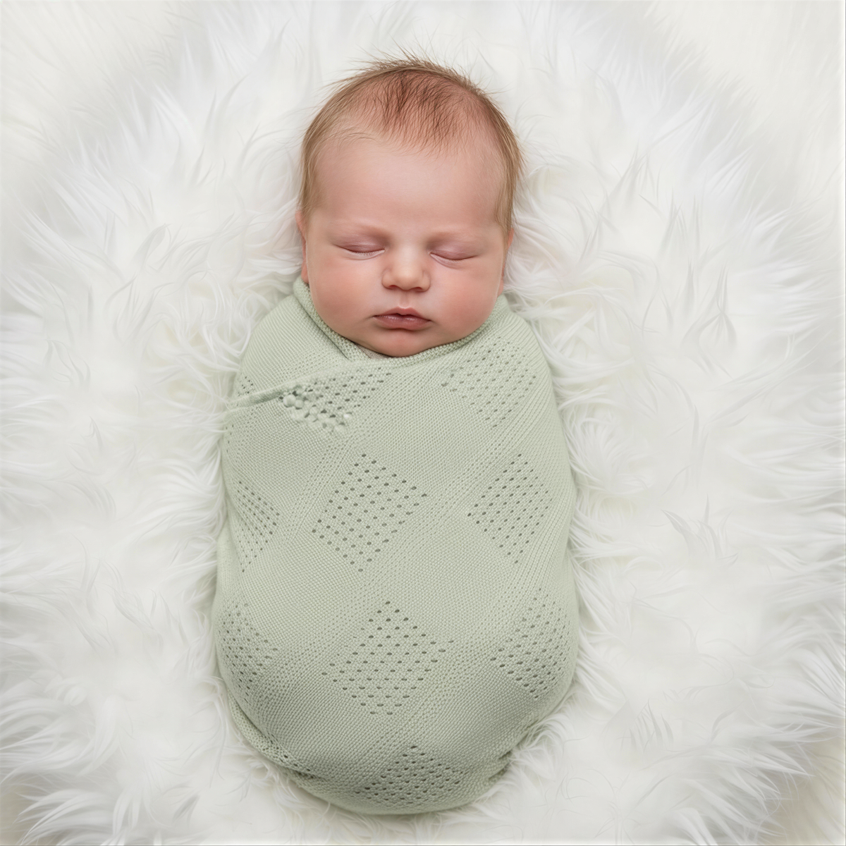 A newborn baby is peacefully sleeping, swaddled in a light green blanket, lying on a white fur rug.