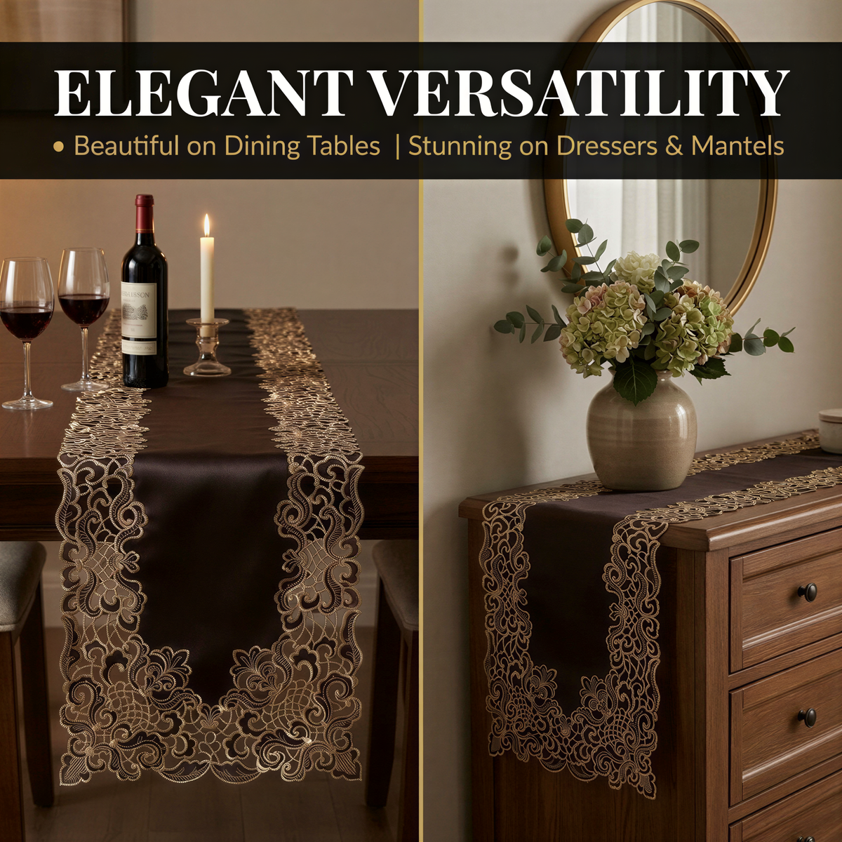 The image showcases elegant versatility in home decor, featuring a dining table with a candle, a dresser with a vase of flowers, and a mirror. The table is adorned with a runner featuring a floral pattern, and the dresser has a runner with a similar floral design. The mirror is placed above the dresser, reflecting the room's interior.