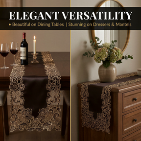 The image showcases elegant versatility in home decor, featuring a dining table with a candle, a dresser with a vase of flowers, and a mirror. The table is adorned with a runner featuring a floral pattern, and the dresser has a runner with a similar floral design. The mirror is placed above the dresser, reflecting the room's interior.