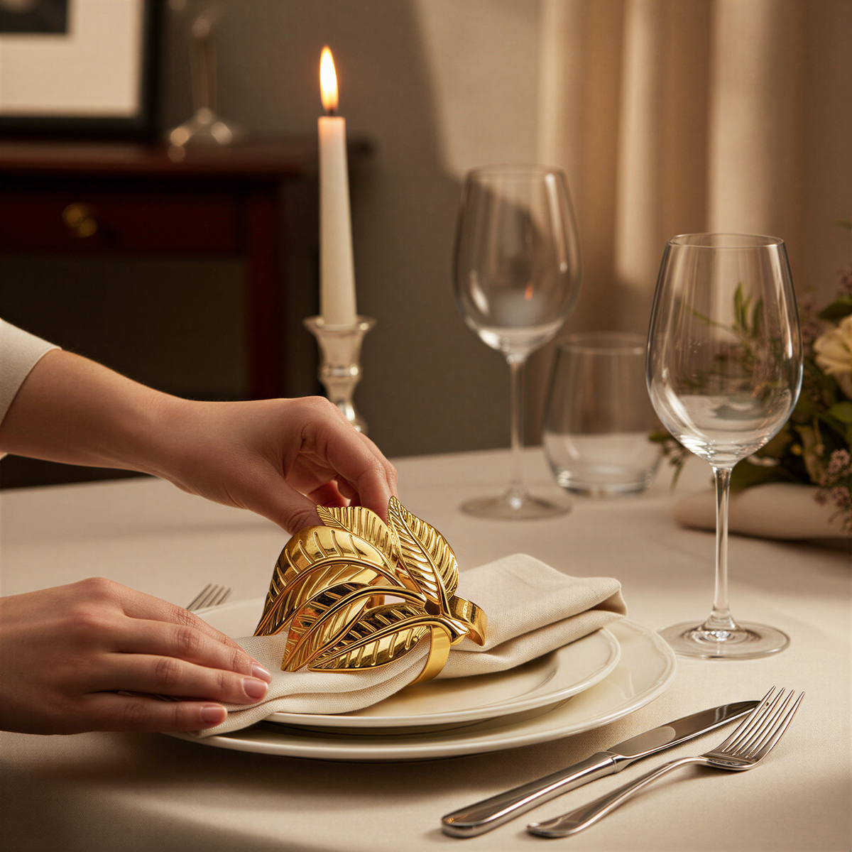 A person's hands are placing a decorative leaf-shaped napkin holder on a white plate, with a candle and wine glasses in the background.