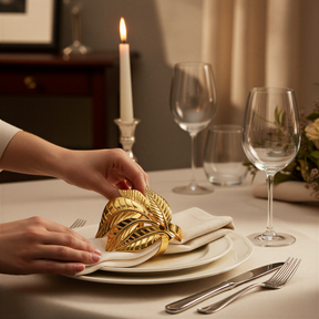 A person's hands are placing a decorative leaf-shaped napkin holder on a white plate, with a candle and wine glasses in the background.