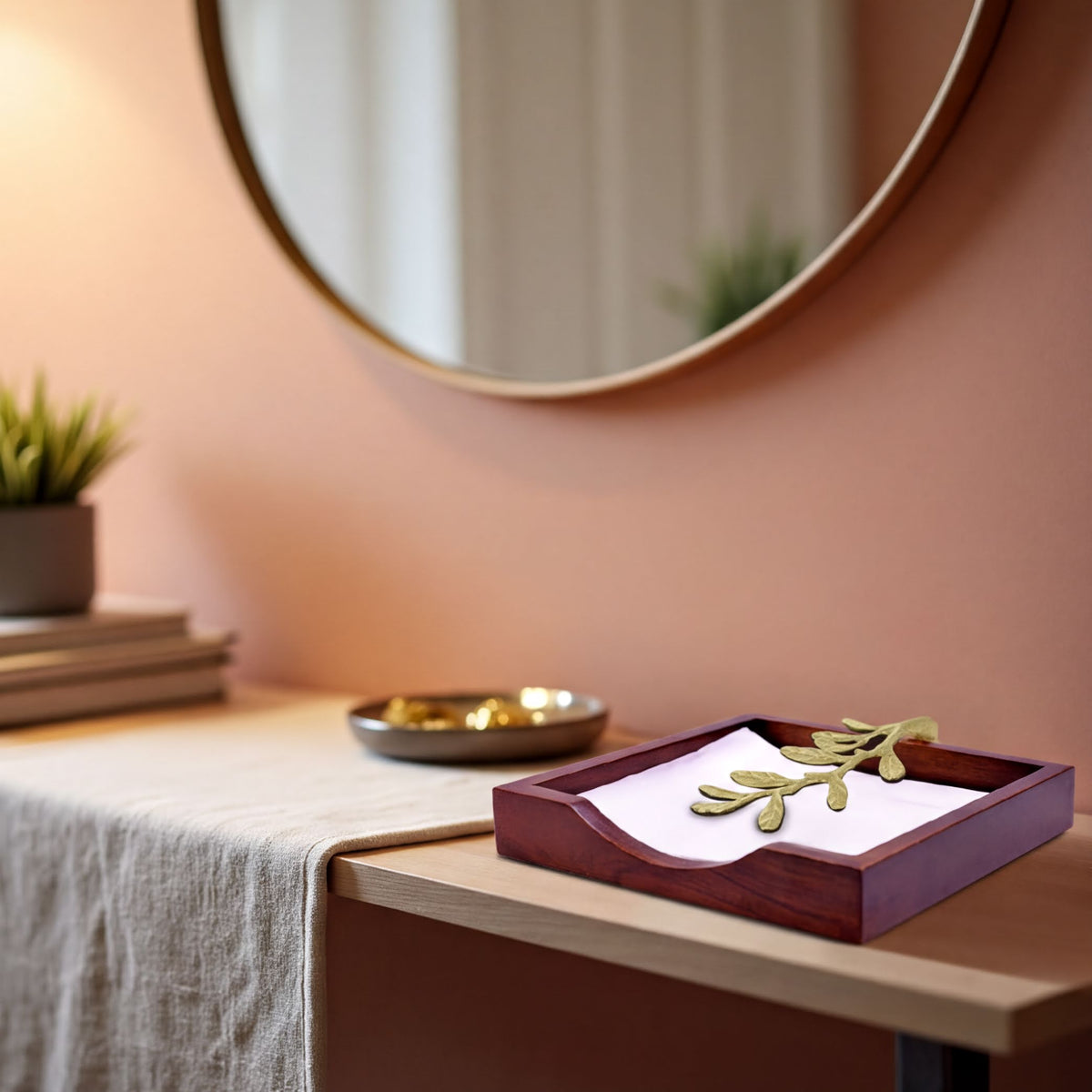 Solid wood napkin holder with gold finish ornament for elegant table setting, part of 620067 napkin holders and dispensers collection.