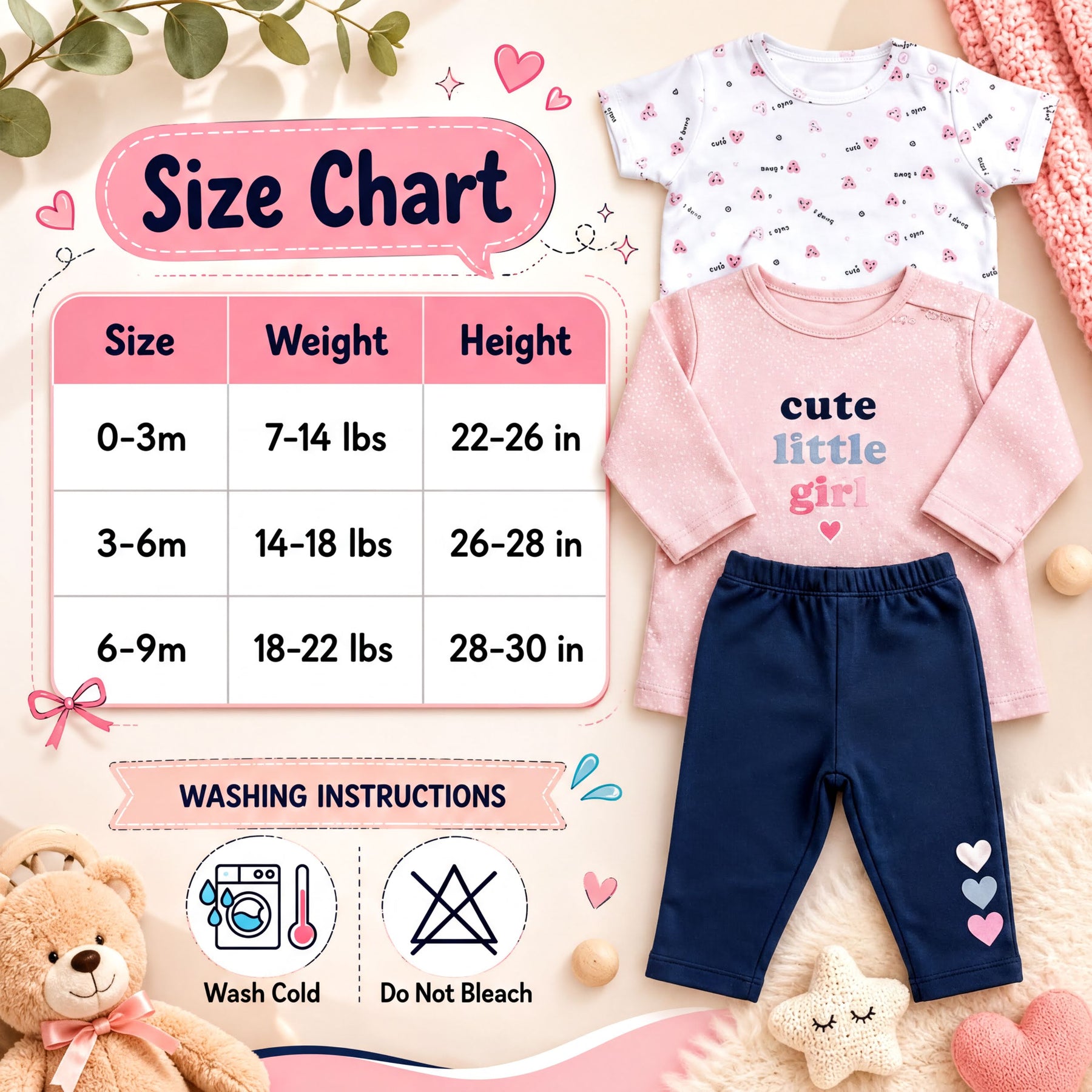 The image is a size chart for baby clothing, including a pink shirt, blue pants, and a teddy bear. The chart provides measurements and corresponding clothing sizes for different age groups, from 0 to 3 months, 3 to 6 months, and 6 to 9 months. The chart also includes washing instructions for the baby clothes.