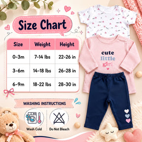 The image is a size chart for baby clothing, including a pink shirt, blue pants, and a teddy bear. The chart provides measurements and corresponding clothing sizes for different age groups, from 0 to 3 months, 3 to 6 months, and 6 to 9 months. The chart also includes washing instructions for the baby clothes.