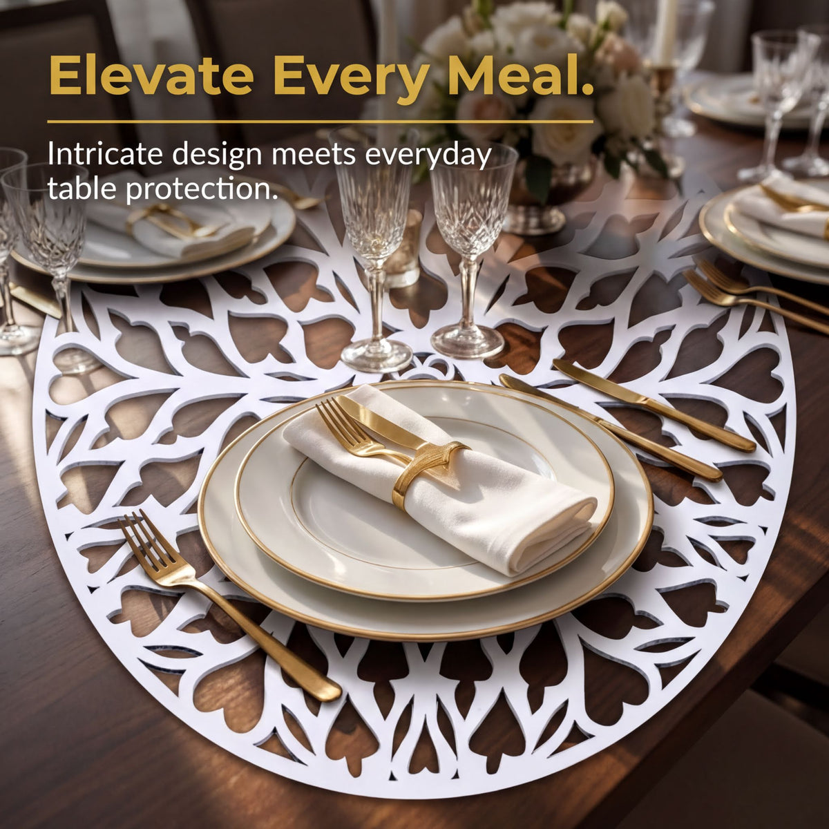a table setting with a white tablecloth featuring a decorative pattern, plates, and place settings with gold accents.