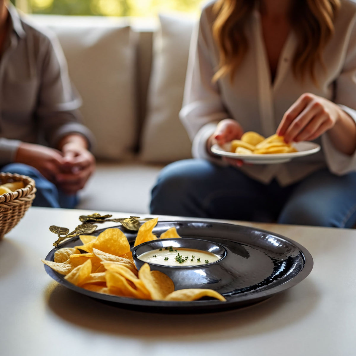 Chip and dip snack platter from 23202RLF, featuring a stylish kitchen décor piece with compartments for chips and dips.