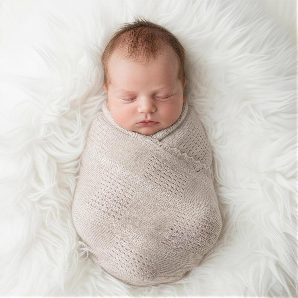 A newborn baby is peacefully sleeping, swaddled in a light-colored blanket and resting on a soft, fluffy white surface.