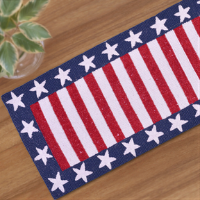 Beaded USA flag table runner, 13x54 inches, featuring patriotic red, white, and blue colors with beaded accents for festive decor.