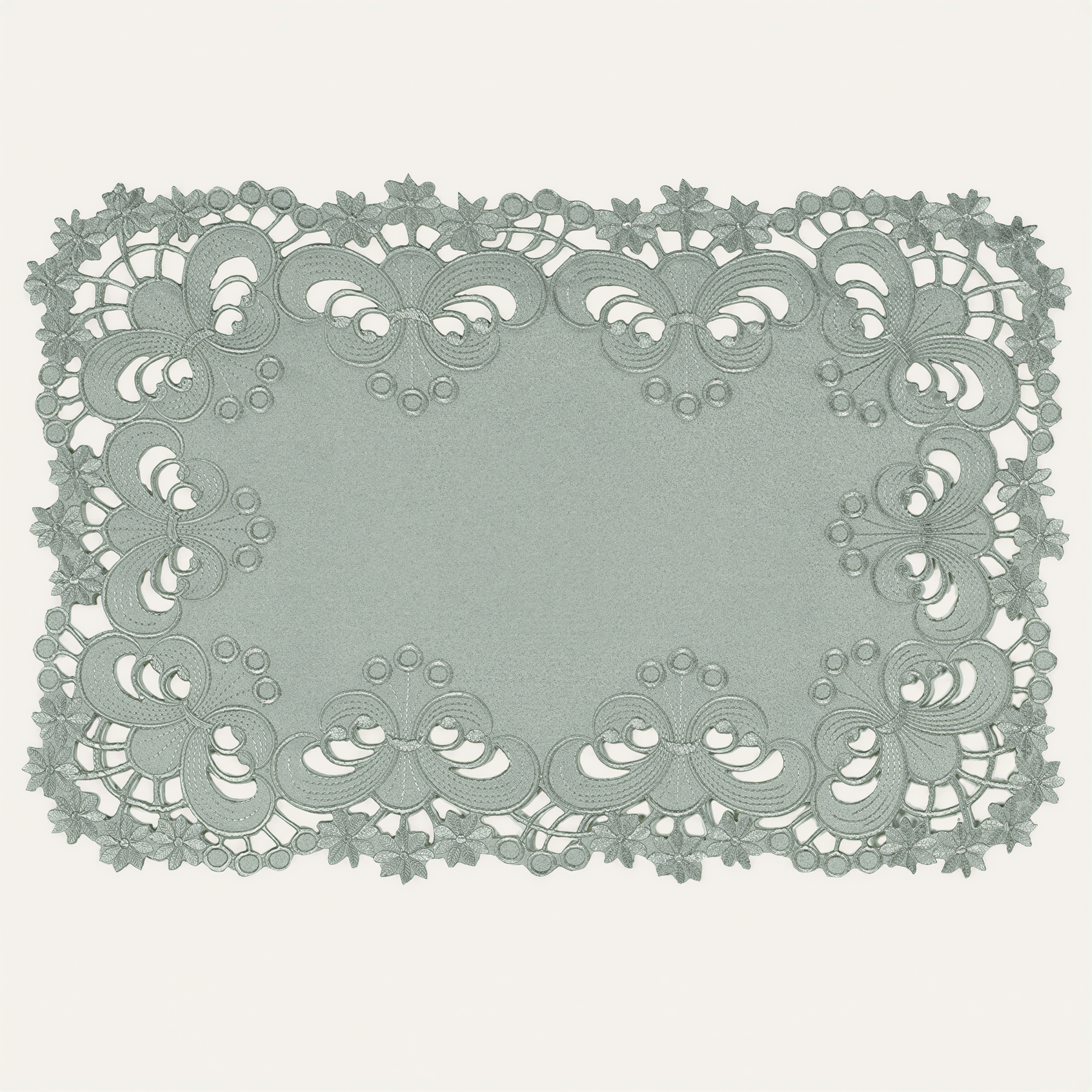 Set of six linen placemats with European embroidery from The Creola Collection, stylish and decorative for dining tables.