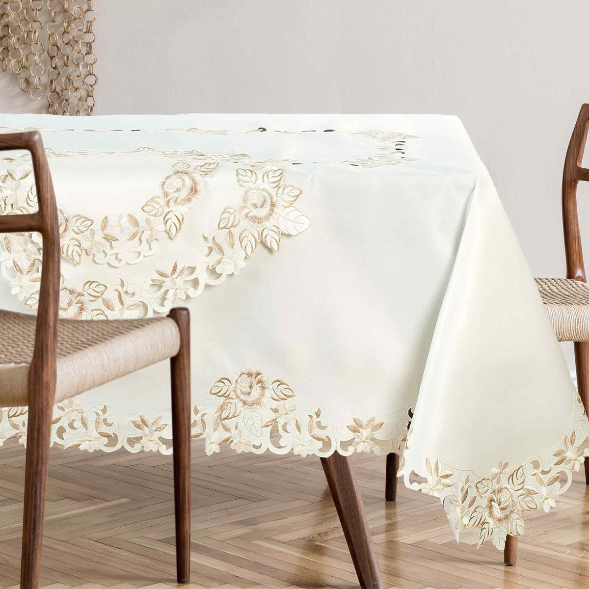 Elegant table cover from the Dayse Collection featuring European embroidery, perfect as a stylish table topper.
