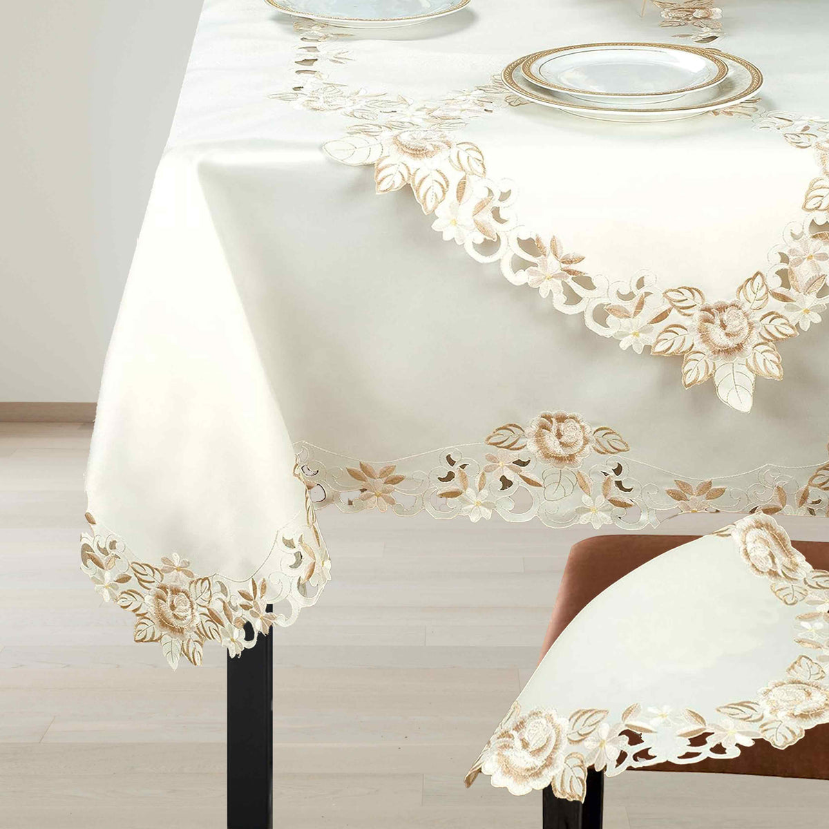 Elegant table cover from the Dayse Collection with European embroidery, designed by FD4145-TC for decorative table toppers.