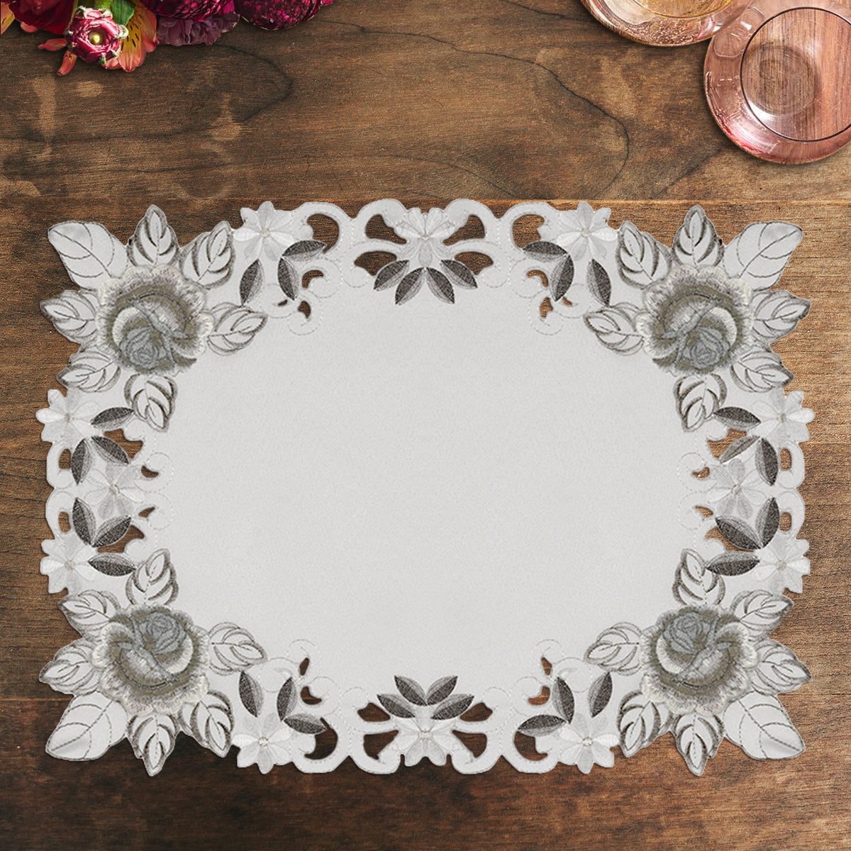 Set of six linen placemats with European embroidery from the Alois Collection, featuring intricate and elegant design details.