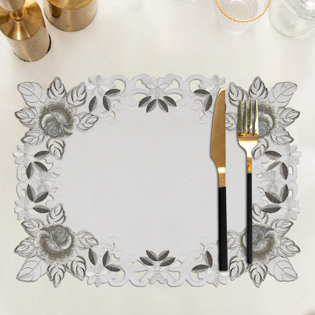 Set of six linen placemats with European embroidery from the Alois Collection by FD4151-PM. Elegant table decoration.