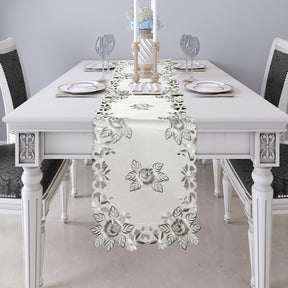 Linen table runner with intricate European embroidery, crafted by FD4151-RN, showcasing elegant decorative details.
