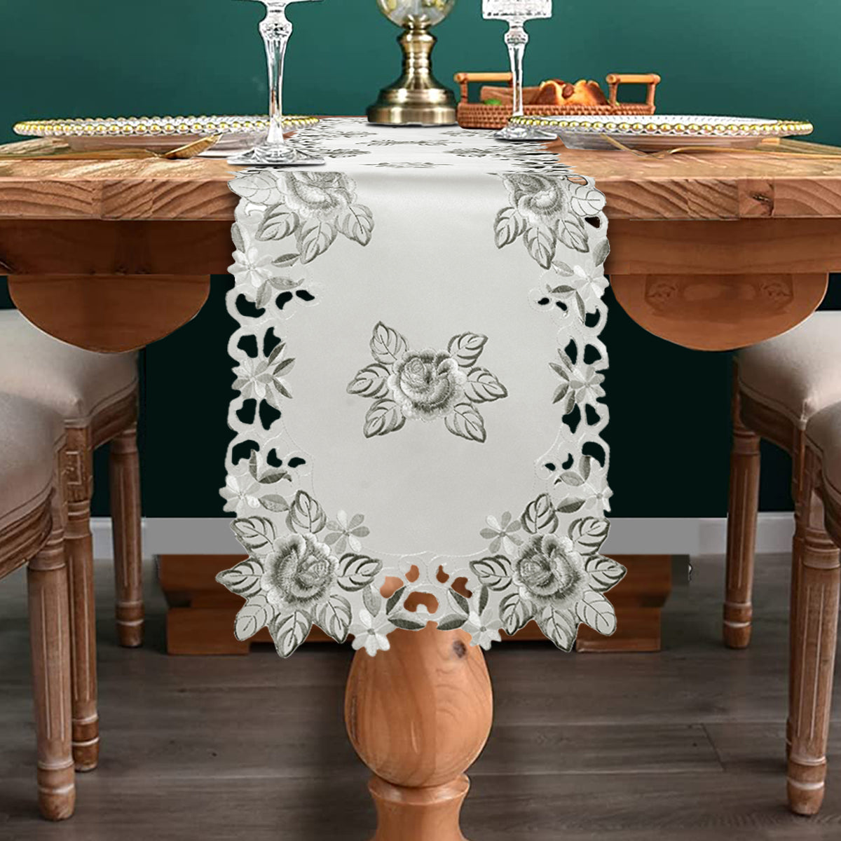 Linen table runner with intricate European embroidery, showcasing detailed craftsmanship and elegant design.
