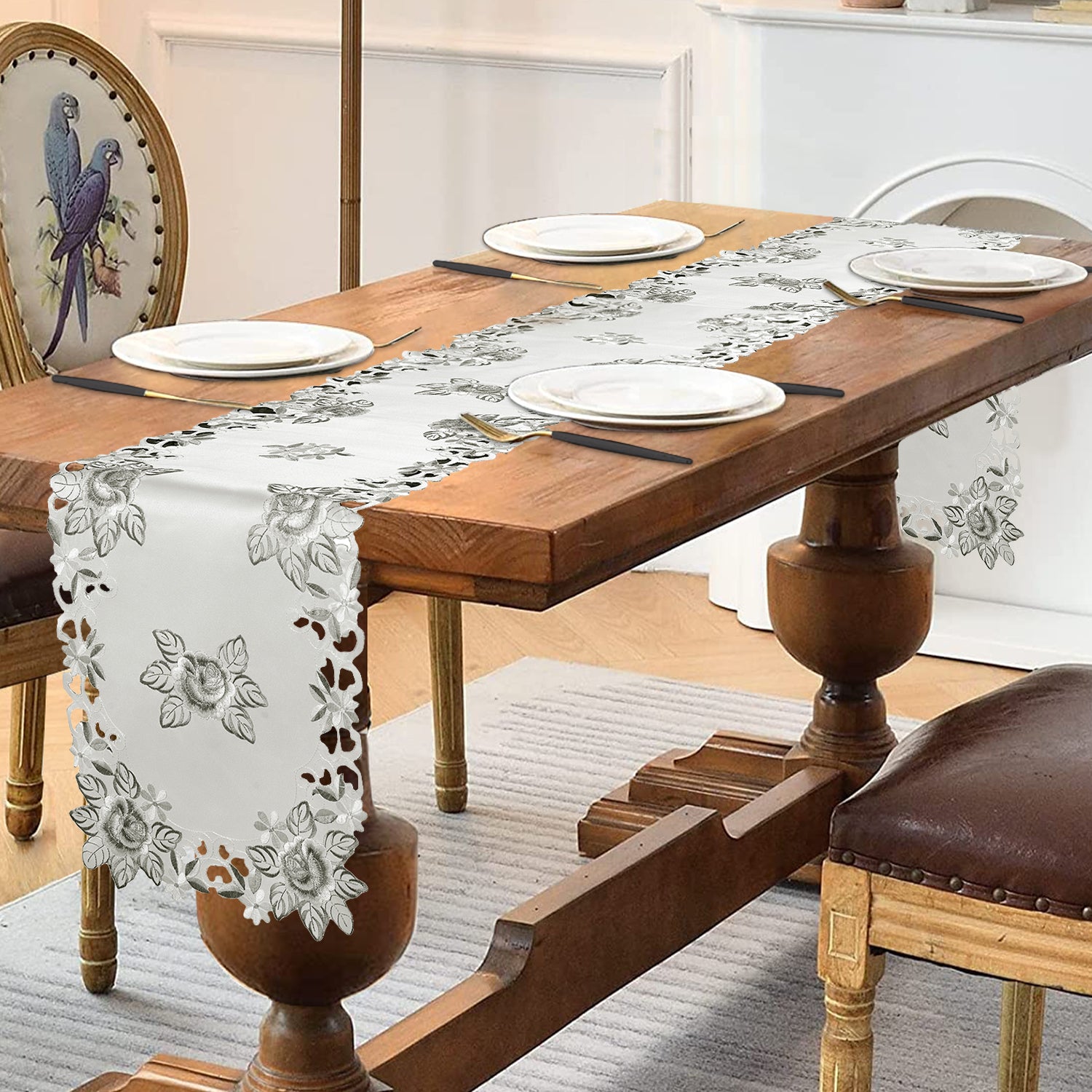 Linen table runner with intricate European embroidery, designed by FD4151-RN, showcasing detailed craftsmanship and elegant decor.