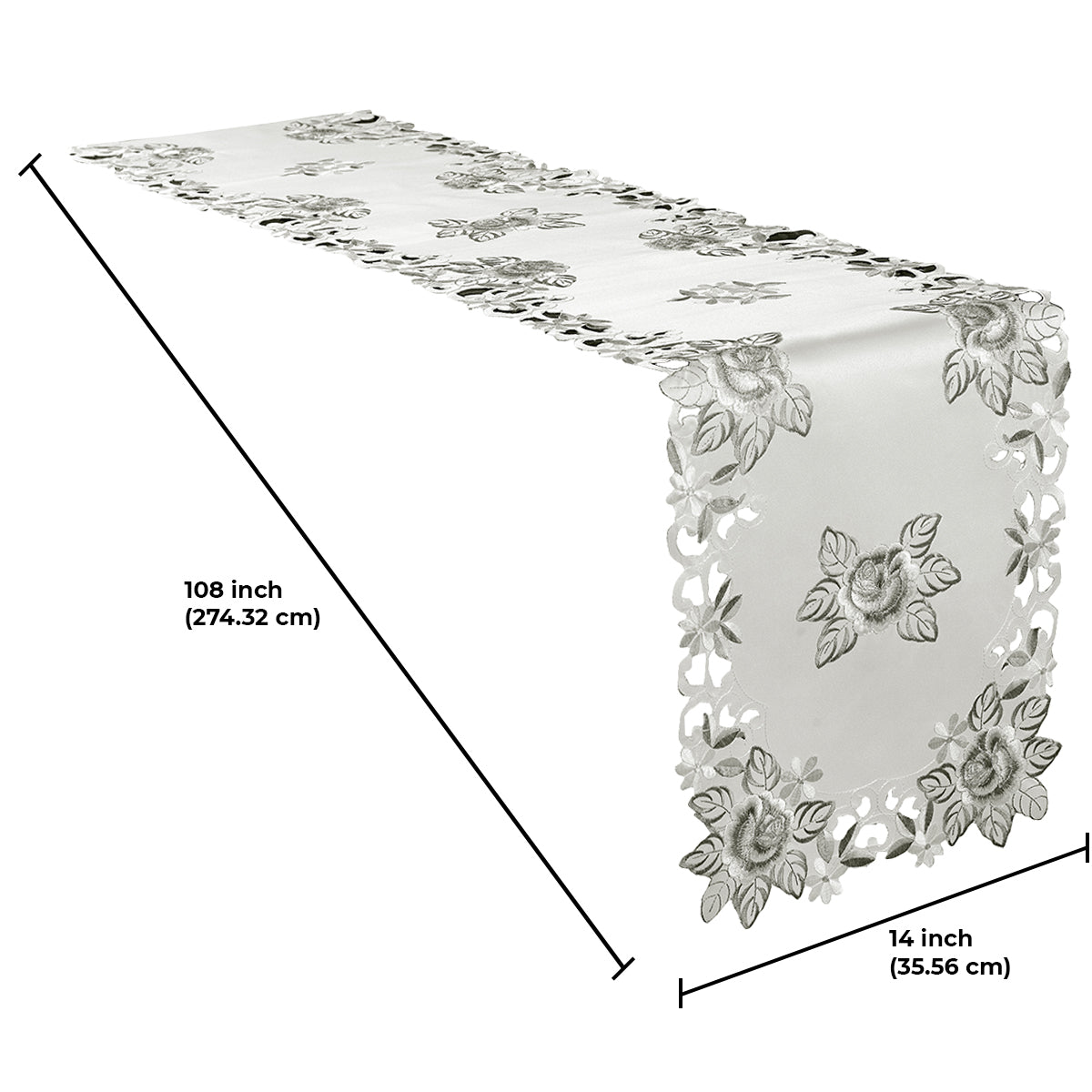 Linen table runner with intricate European embroidery, showcasing detailed floral patterns on a white fabric background.
