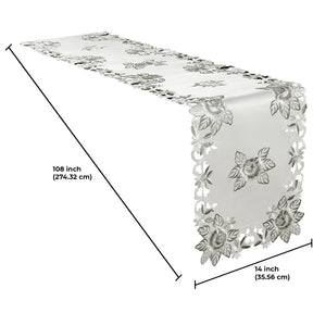 Linen table runner with intricate European embroidery, showcasing detailed floral patterns on a white fabric background.