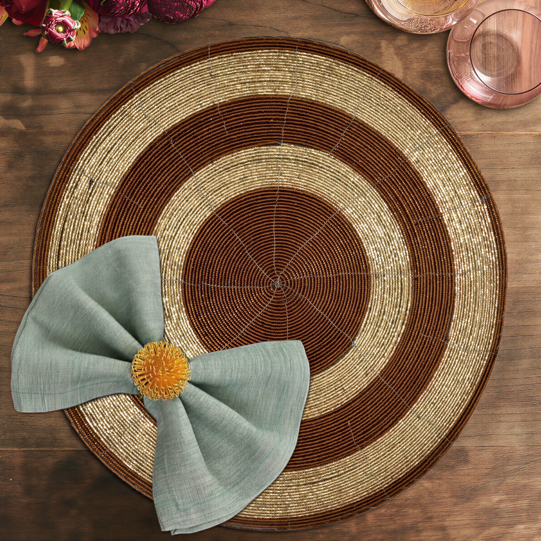 Set of four Dillen Grace beaded placemats by BD-022, 14-inch elegant decorative table décor from The Dillen Collection.