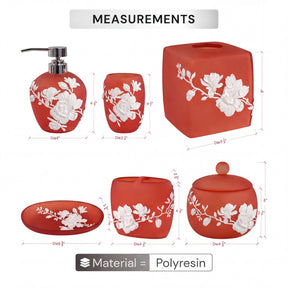 Set of six elegant modern bathroom décor accessories from The Savannah Collection by AH7001, including soap dispensers and holders.