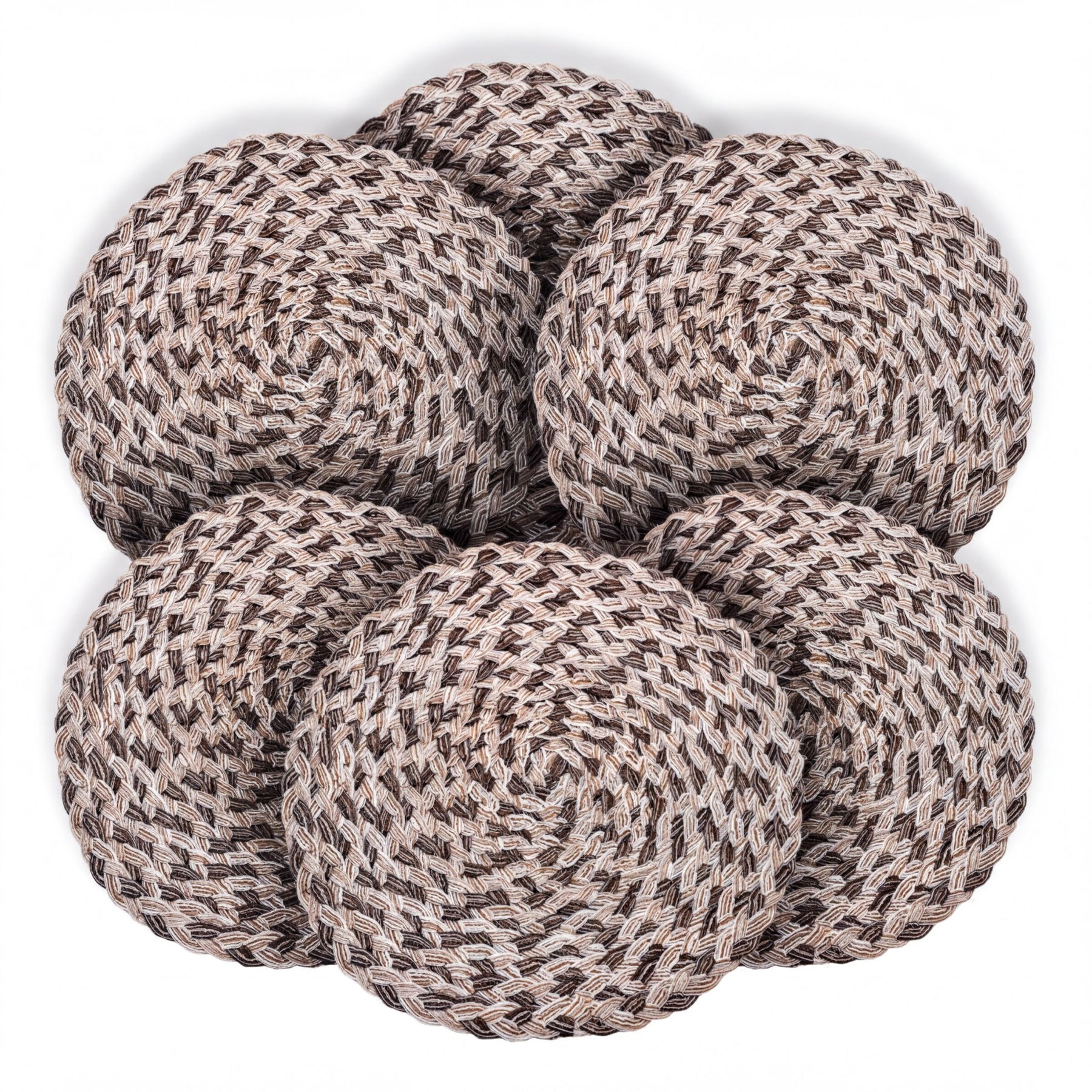 Set of six round PVC cut-out placemats by AXM026H-103, decorative and protective round placemats for dining tables.