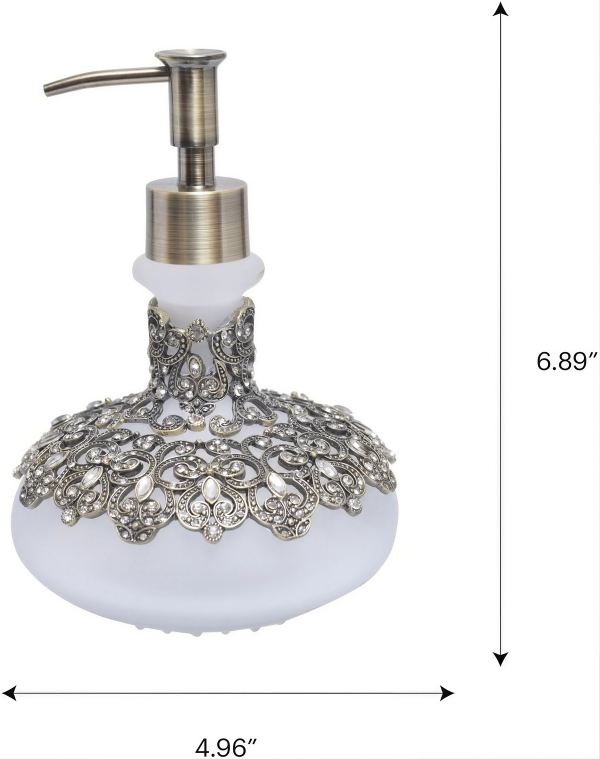 a decorative soap dispenser with a white body and a silver pump. The soap dispenser has a floral design and is placed against a white background. The image does not contain any text.
