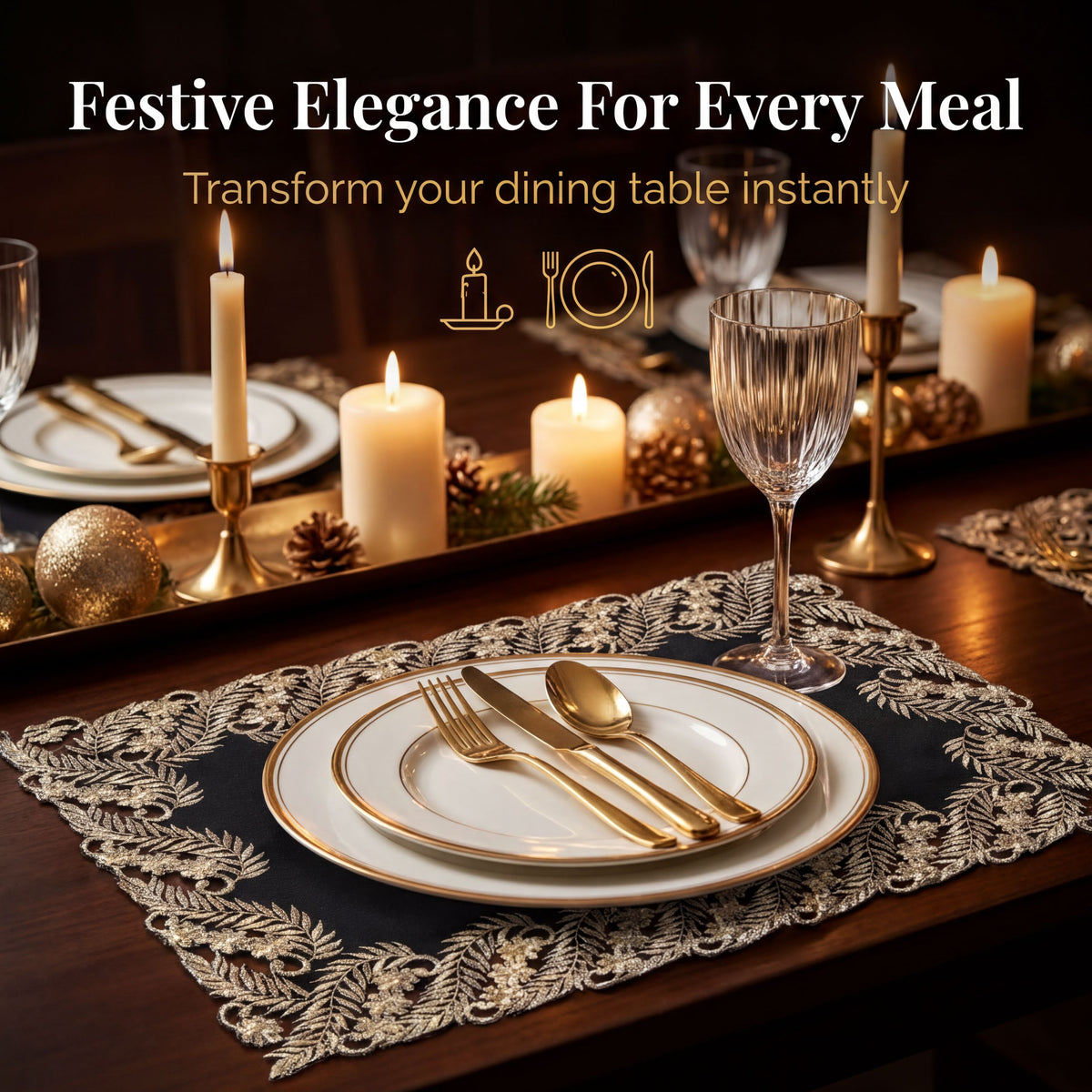 a beautifully set dining table with a plate, silverware, and candles, creating an elegant and festive atmosphere.
