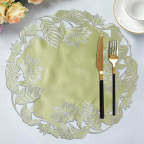 Set of four light green round linen doilies from The Daulton Collection, decorative placemat doilies for table settings.