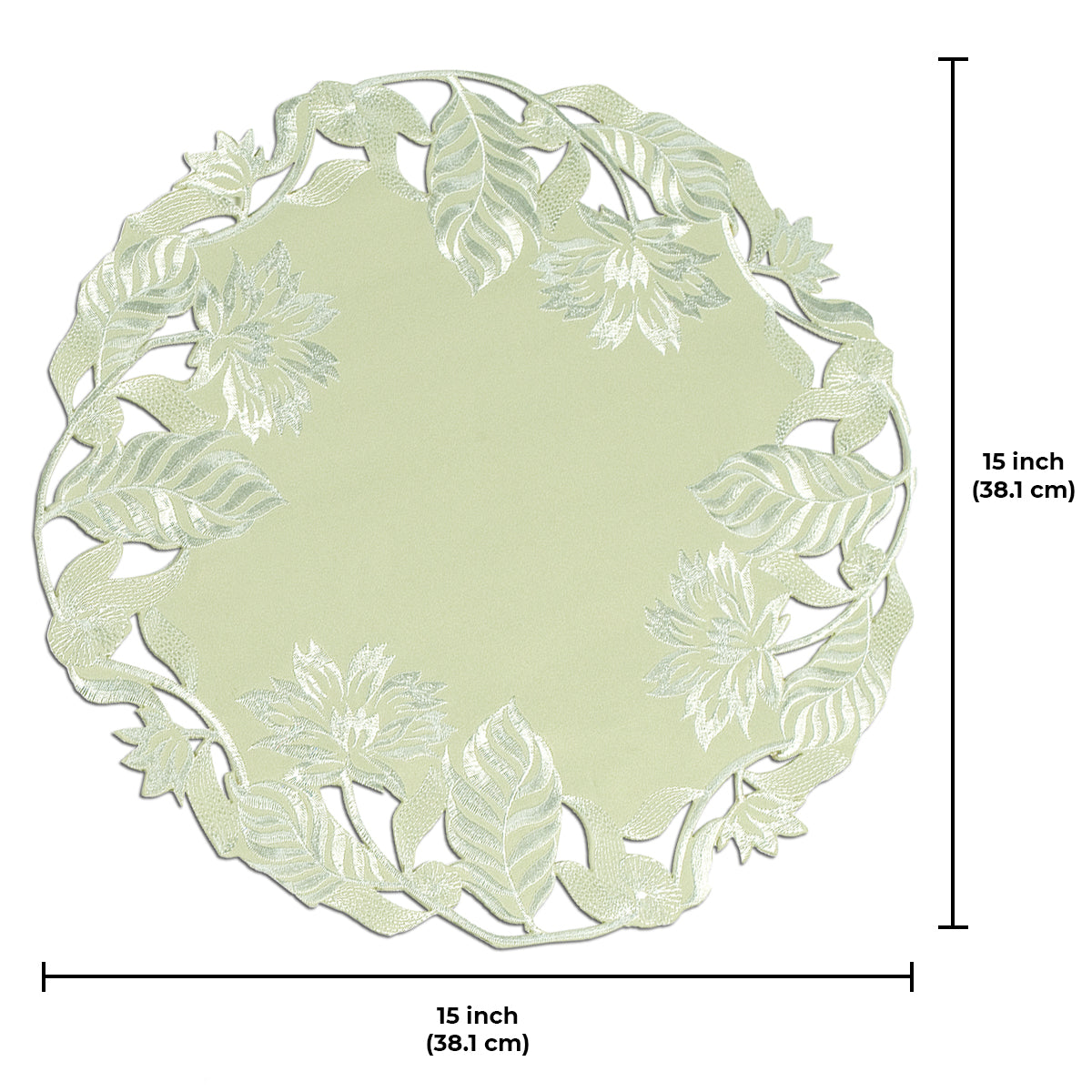 Set of four light green round linen doilies from The Daulton Collection, decorative placemats and doilies for table setting.