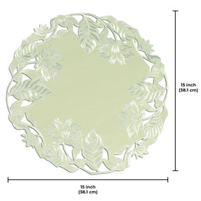 Set of four light green round linen doilies from The Daulton Collection, decorative placemats and doilies for table setting.