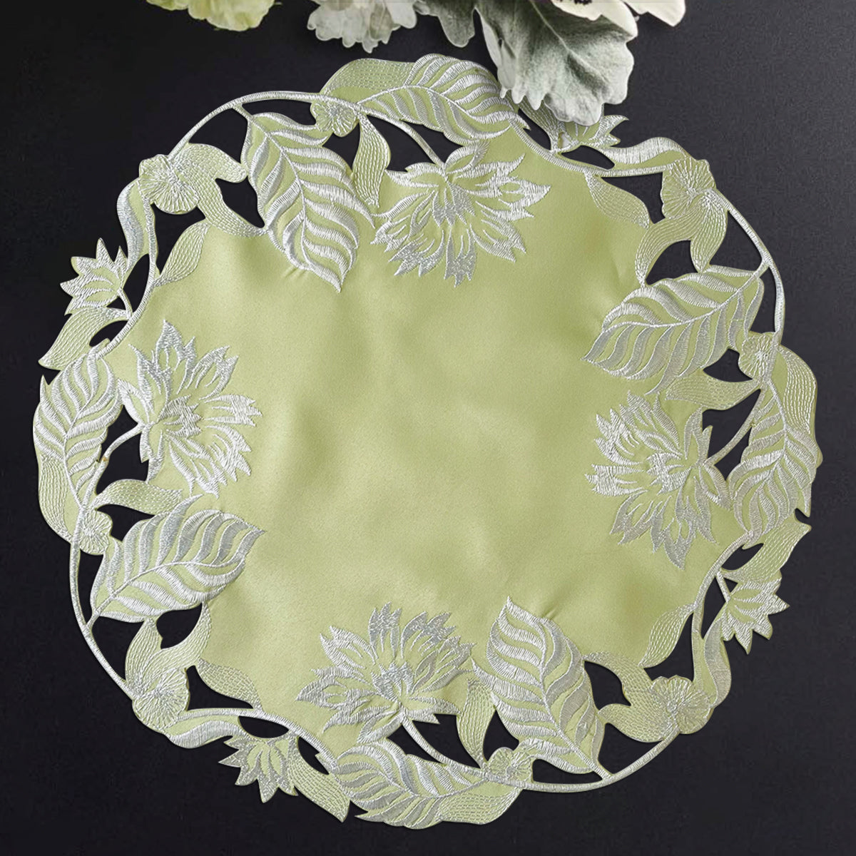 Set of four light green round linen doilies from The Daulton Collection, decorative placemat and doily set by FL3153-DL