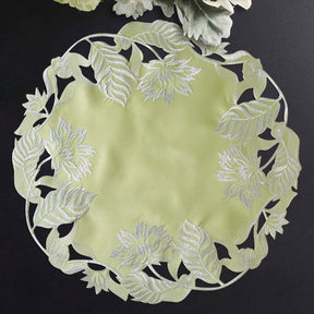 Set of four light green round linen doilies from The Daulton Collection, decorative placemat and doily set by FL3153-DL