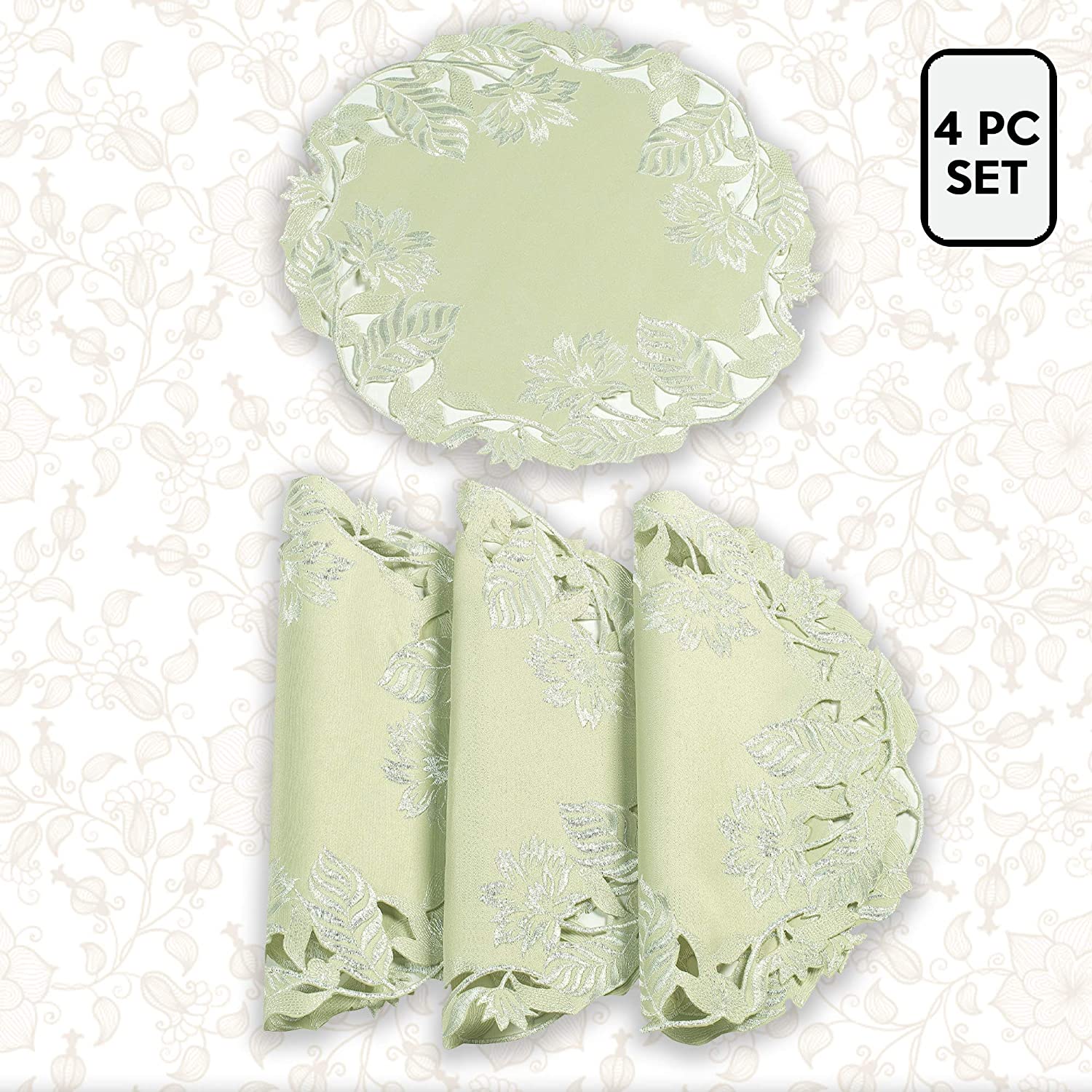 Set of four light green round linen doilies from The Daulton Collection, decorative placemat doilies with intricate edge details.
