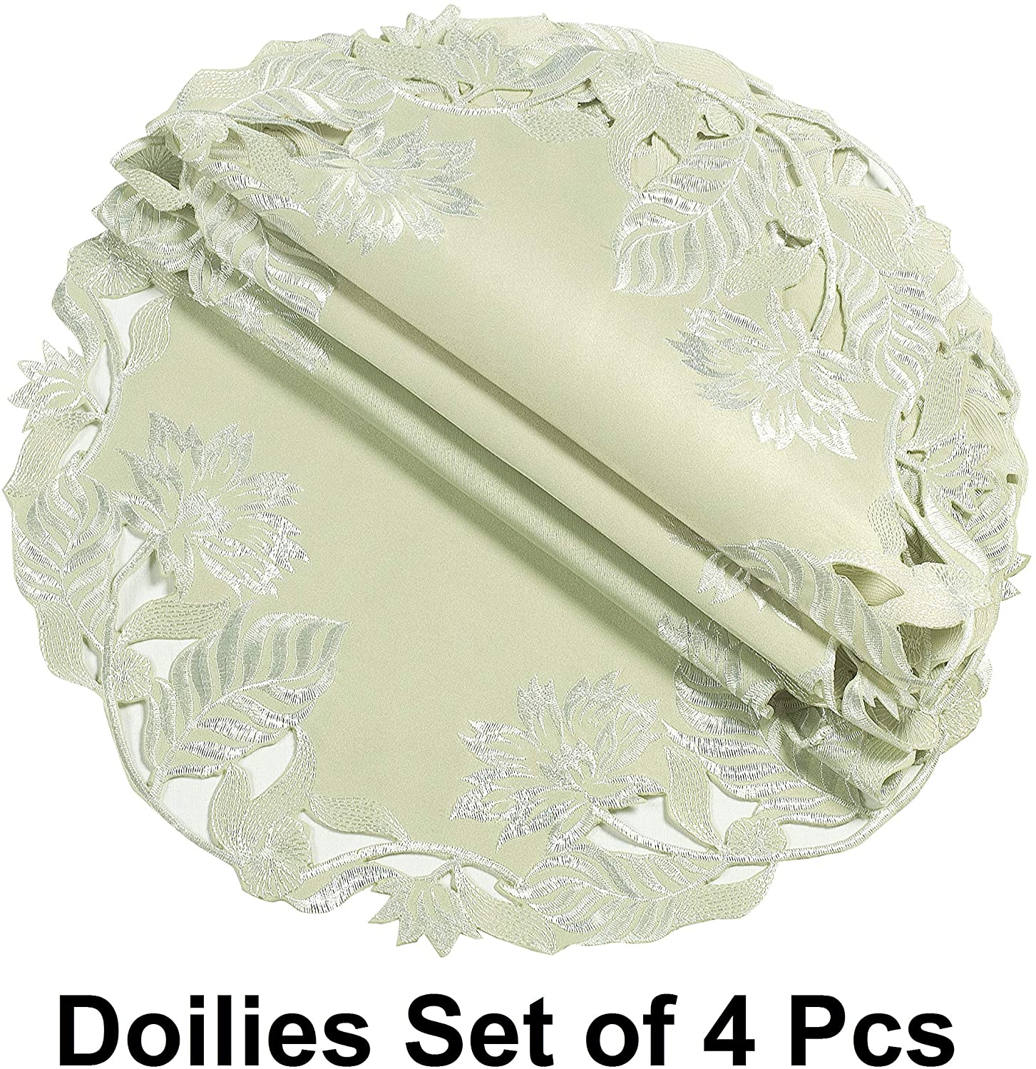 Set of four light green round linen placemat doilies from The Daulton Collection, decorative and crafted for table settings.