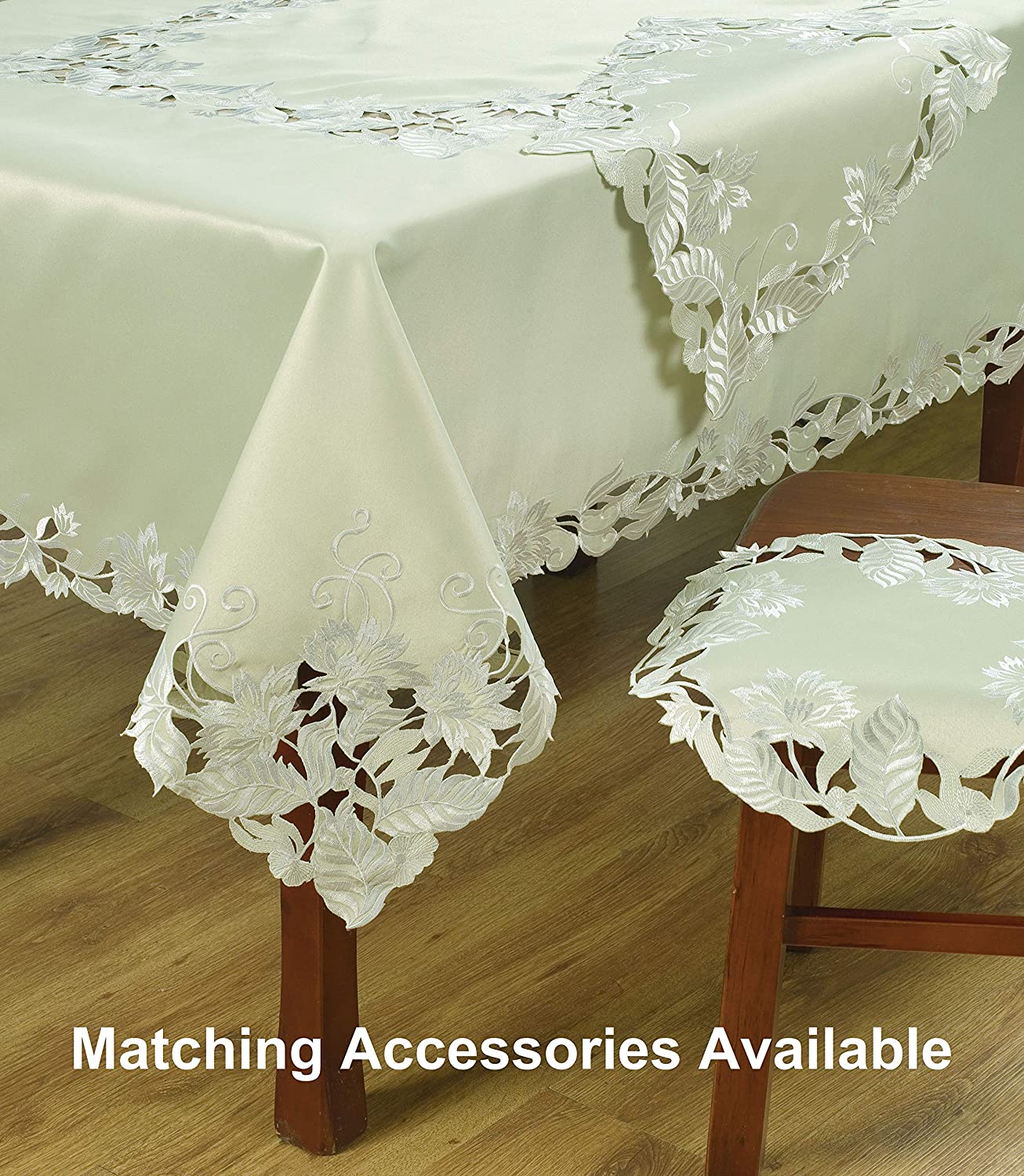 Set of four light green round linen doilies from The Daulton Collection, decorative placemats for table setting.