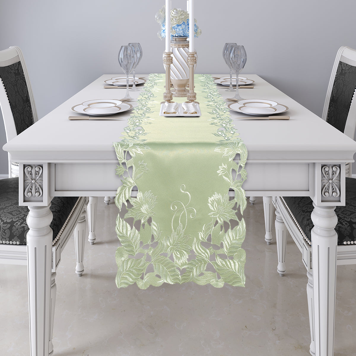 Linen table runner with intricate European embroidery, designed by FL3153-RN, perfect for elegant dining table decor.
