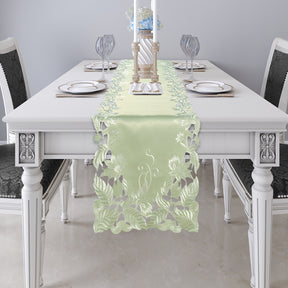 Linen table runner with intricate European embroidery, designed by FL3153-RN, perfect for elegant dining table decor.