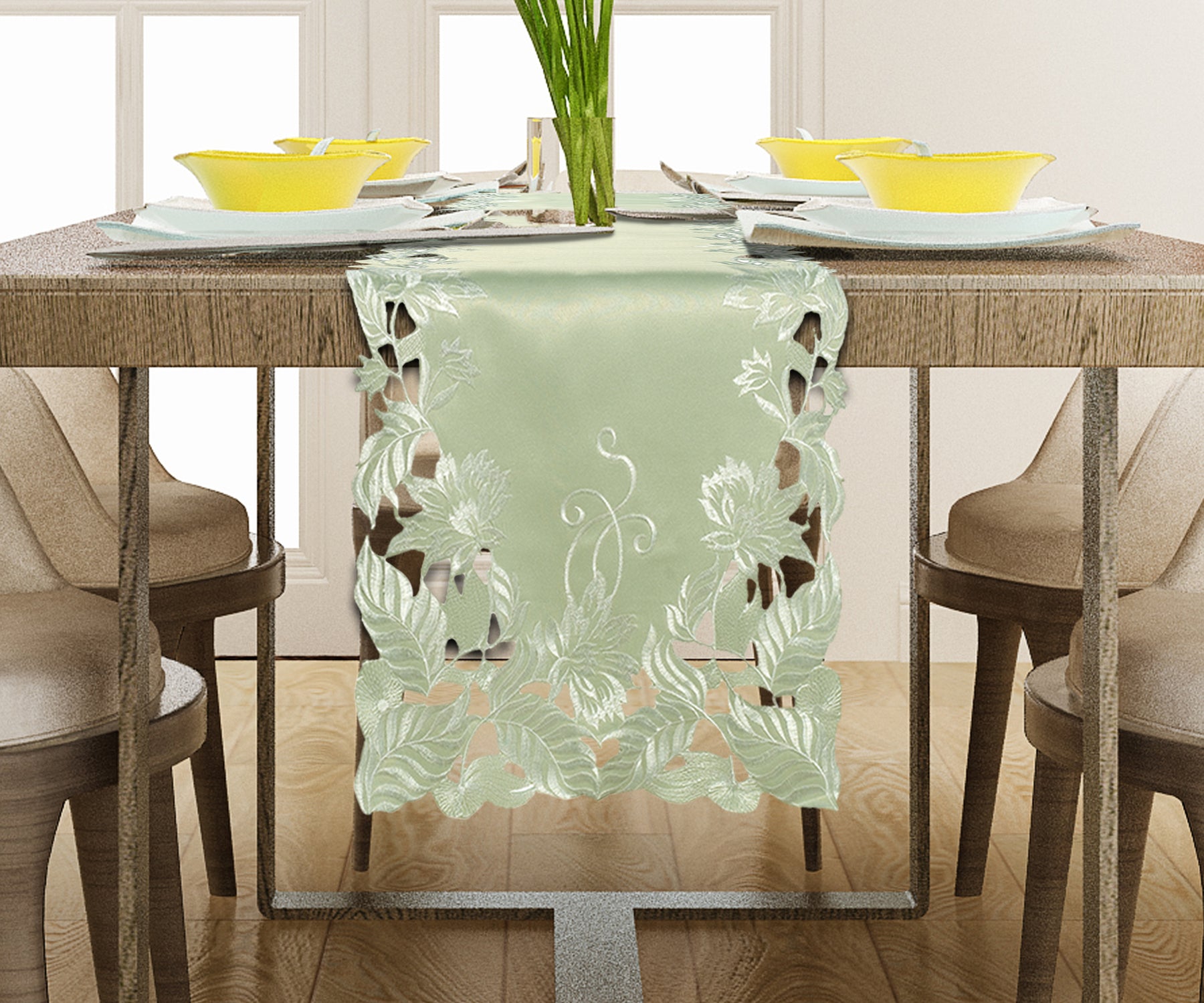 Linen table runner with intricate European embroidery, stylish decorative textile for dining tables, by FL3153-RN.