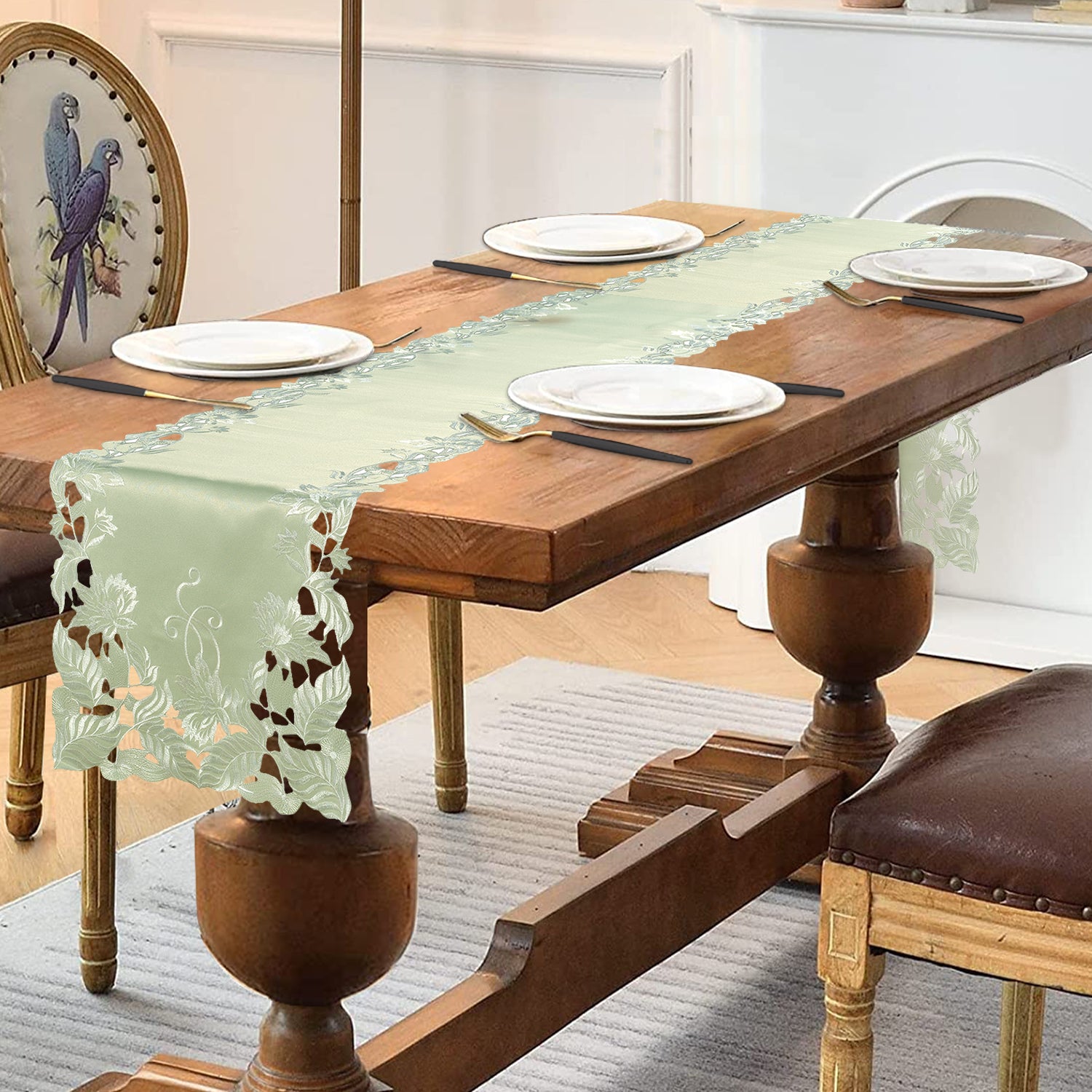 Linen table runner with intricate European embroidery, designed by FL3153-RN, showcasing elegant craftsmanship and decorative detail.