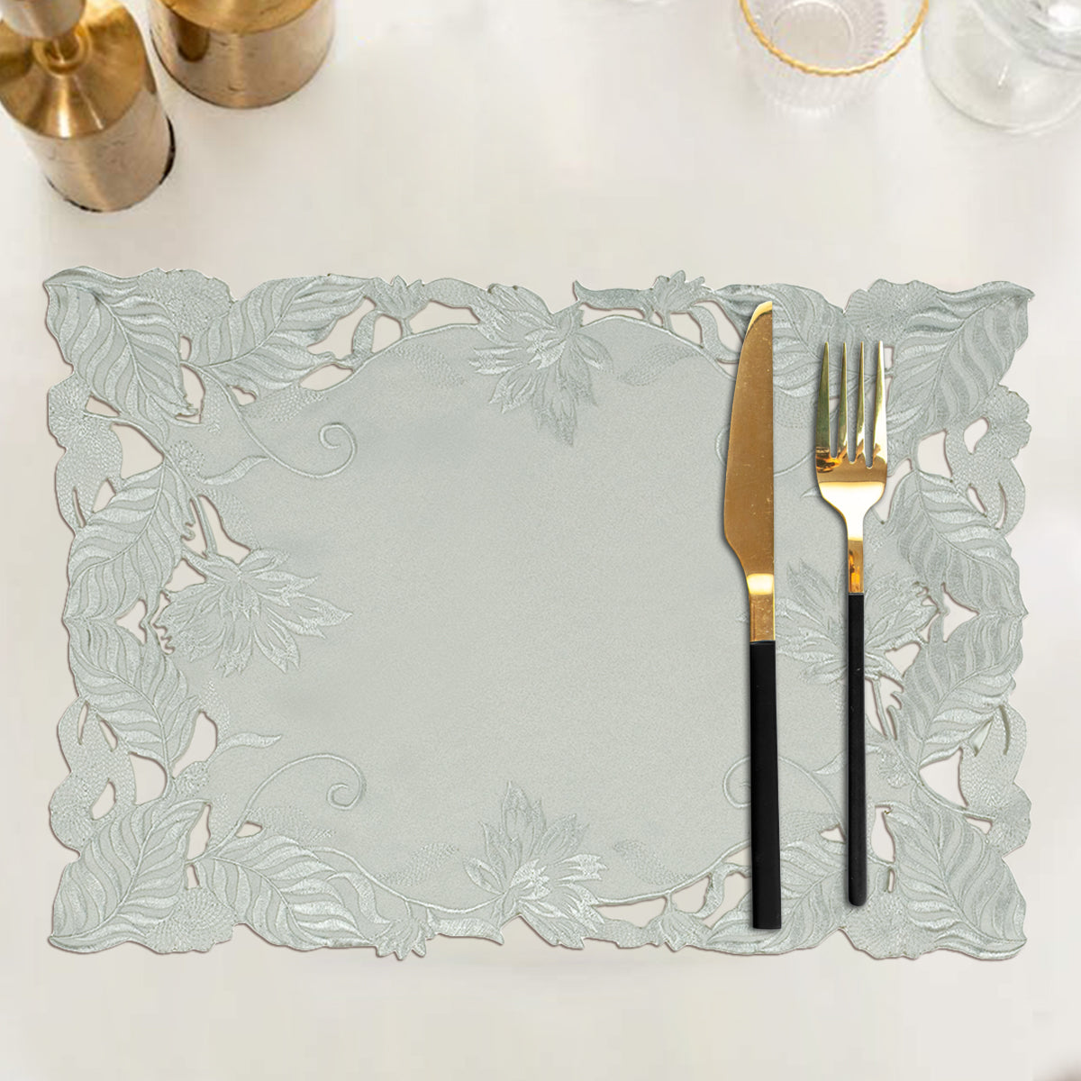 Set of six linen placemats with European embroidery from The Corda Collection, elegant linen table decor by FL3155-PM.